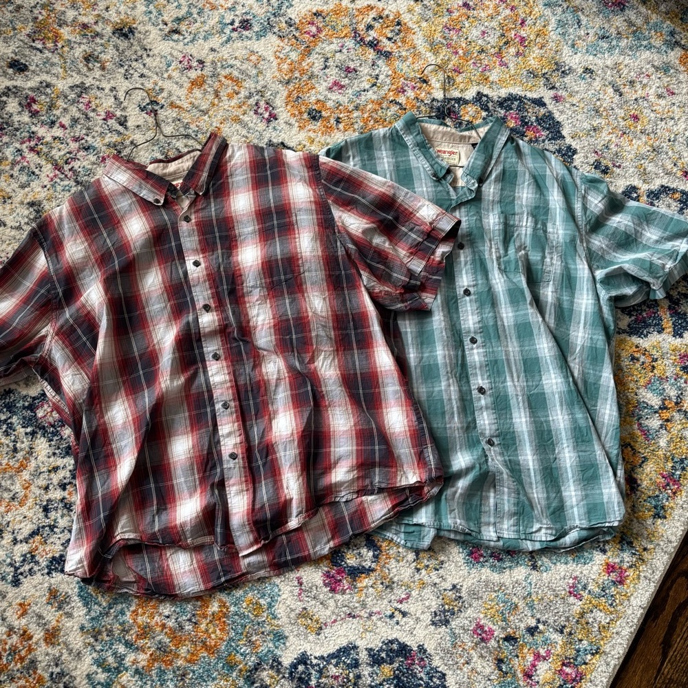 Set of TWO Wrangler Plaid button up men's Short Sleeve shirts XXL 100% Cotton